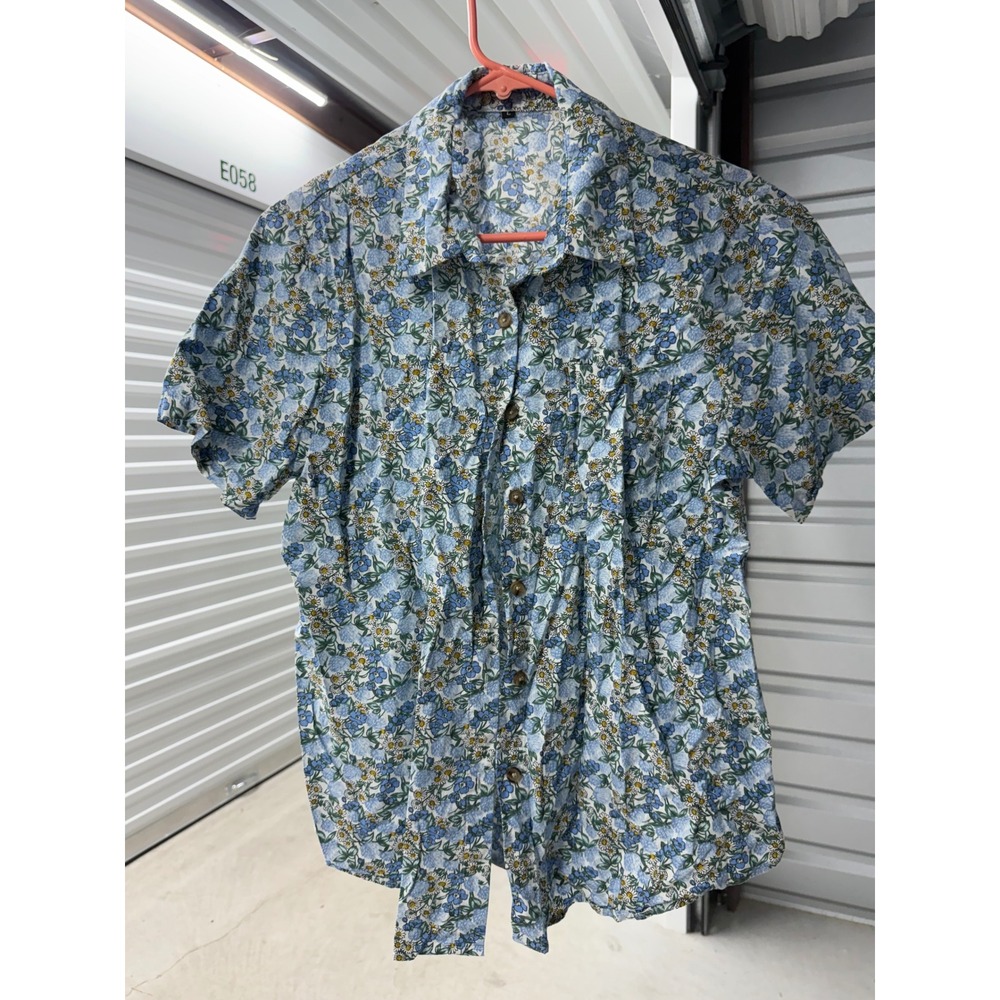 Unbranded Mens Floral Short Sleeve Button Down Shirt Blue Yellow Cotton Large